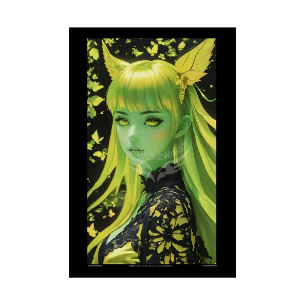 Anime 3D Green and Gold Foil Leaf Woman Lady Poster — Nature-Inspired Rolled Framable Print green and gold motif 24’’ x