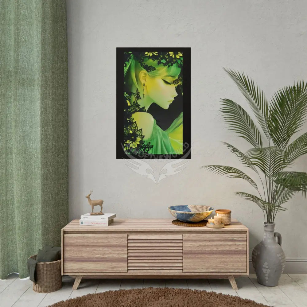 Anime 3D Green and Gold Foil Leaf Woman Lady Poster — Nature-Inspired Rolled Framable Print green and gold motif Poster