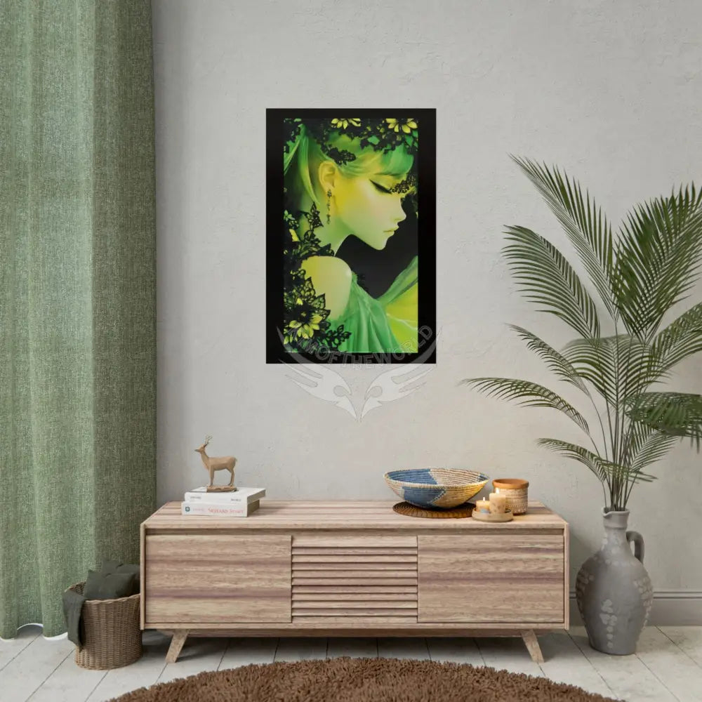 Anime 3D Green and Gold Foil Leaf Woman Lady Poster — Nature-Inspired Rolled Framable Print green and gold motif Poster