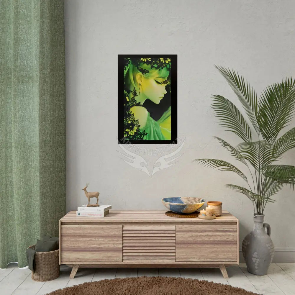 Anime 3D Green and Gold Foil Leaf Woman Lady Poster — Nature-Inspired Rolled Framable Print green and gold motif Poster
