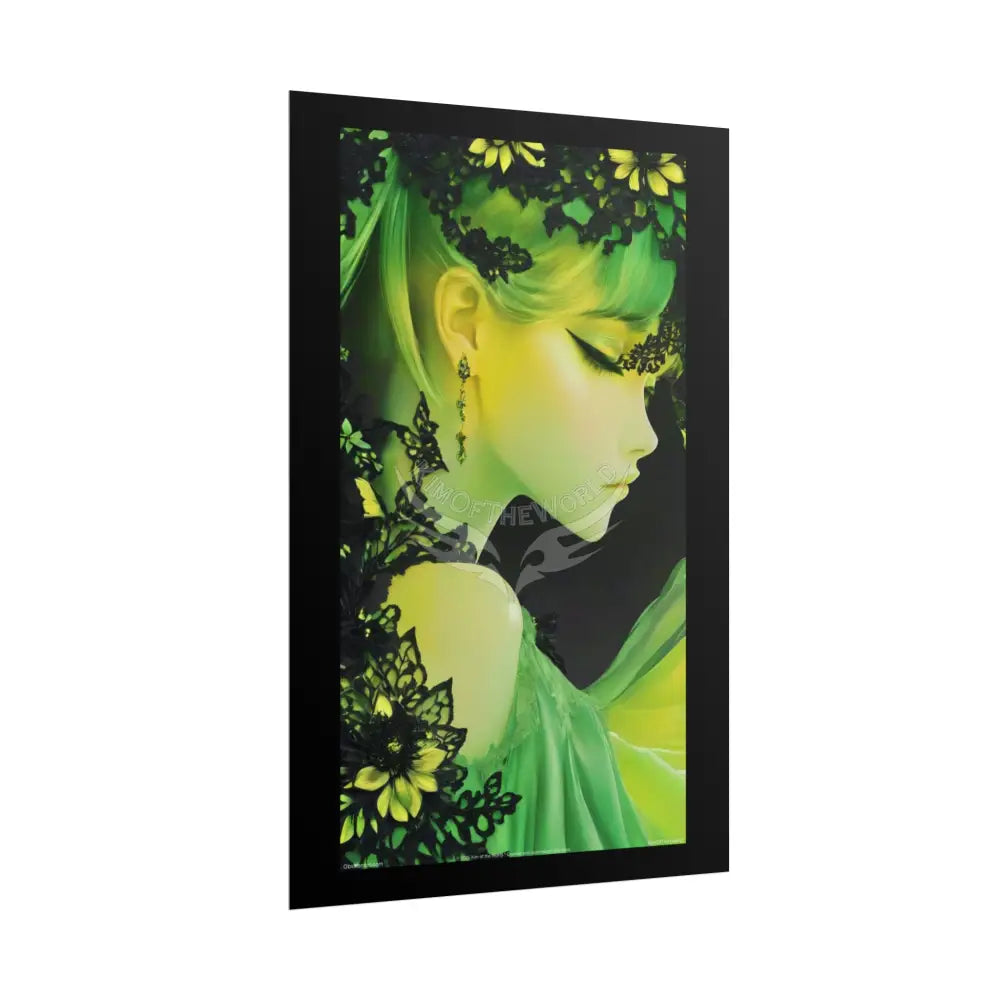 Anime 3D Green and Gold Foil Leaf Woman Lady Poster — Nature-Inspired Rolled Framable Print green and gold motif Poster