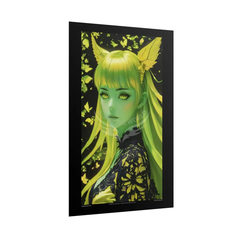 Anime 3D Green and Gold Foil Leaf Woman Lady Poster — Nature-Inspired Rolled Framable Print green and gold motif Poster