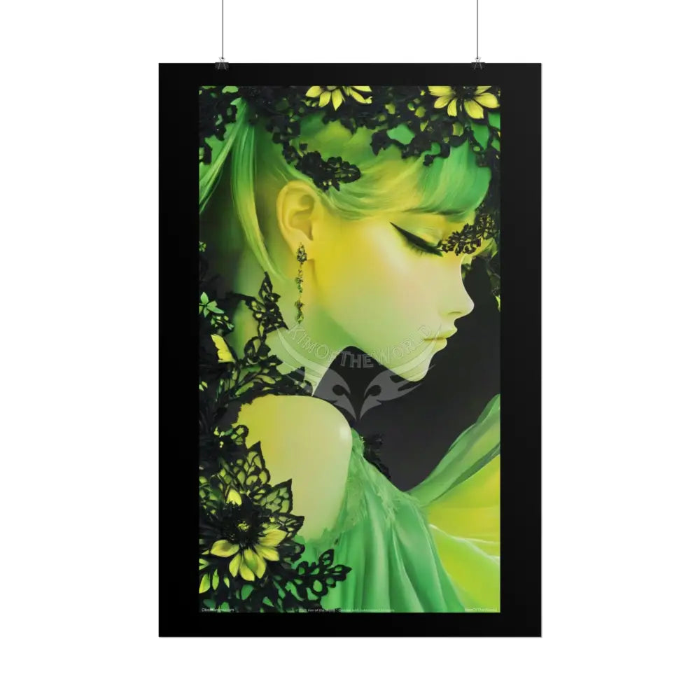 Anime 3D Green and Gold Foil Leaf Woman Lady Poster — Nature-Inspired Rolled Framable Print green and gold motif Poster