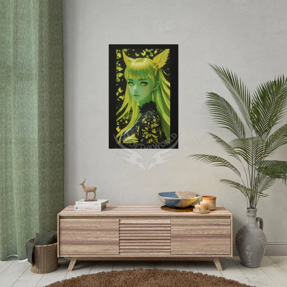 Anime 3D Green and Gold Foil Leaf Woman Lady Poster — Nature-Inspired Rolled Framable Print green and gold motif Poster