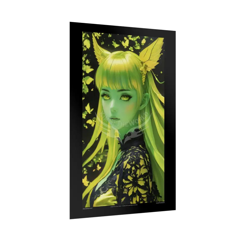 Anime 3D Green and Gold Foil Leaf Woman Lady Poster — Nature-Inspired Rolled Framable Print green and gold motif Poster