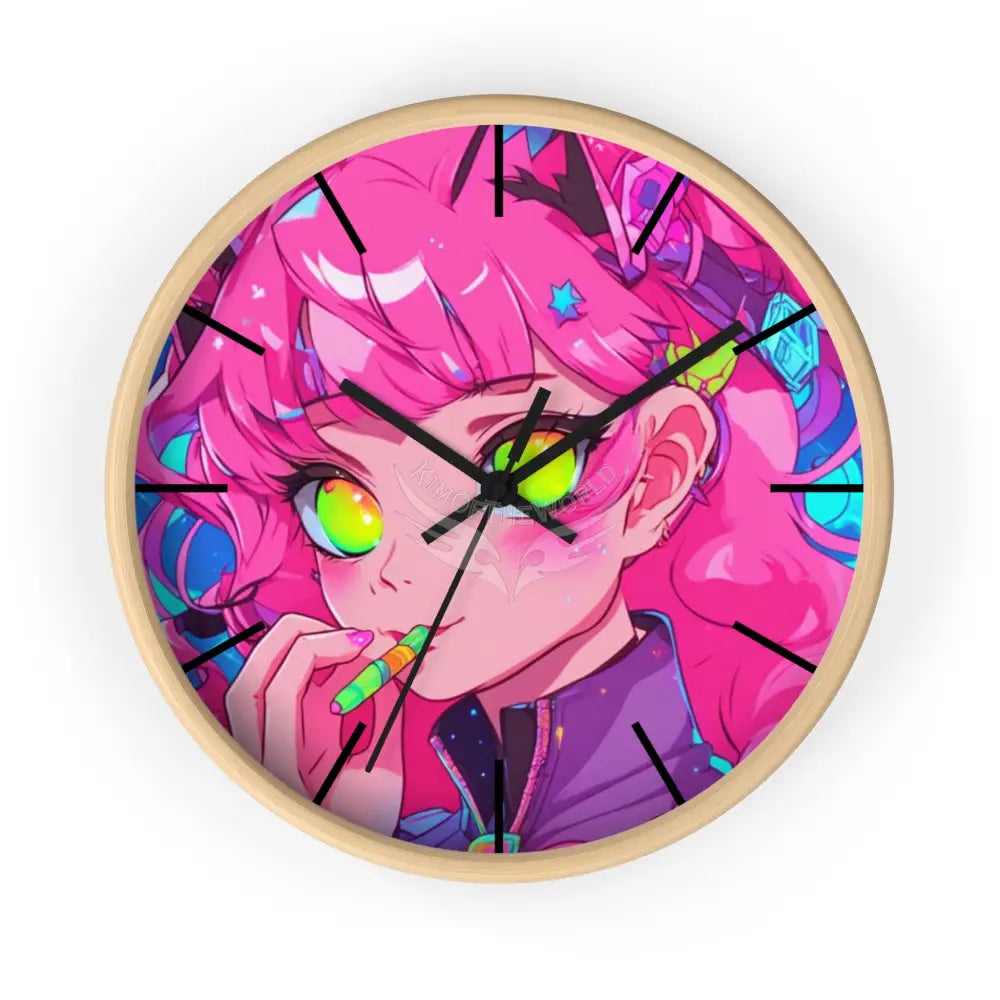 Anime Pink-Haired Girl Wall Clock — Cute Bedroom and Wall Decor Wooden Base / Black / 10’’ Home Decor