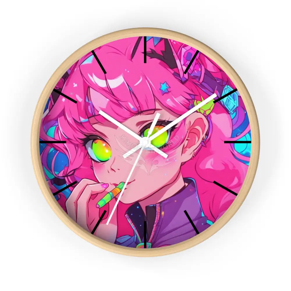 Anime Pink-Haired Girl Wall Clock — Cute Bedroom and Wall Decor Wooden Base / White / 10’’ Home Decor