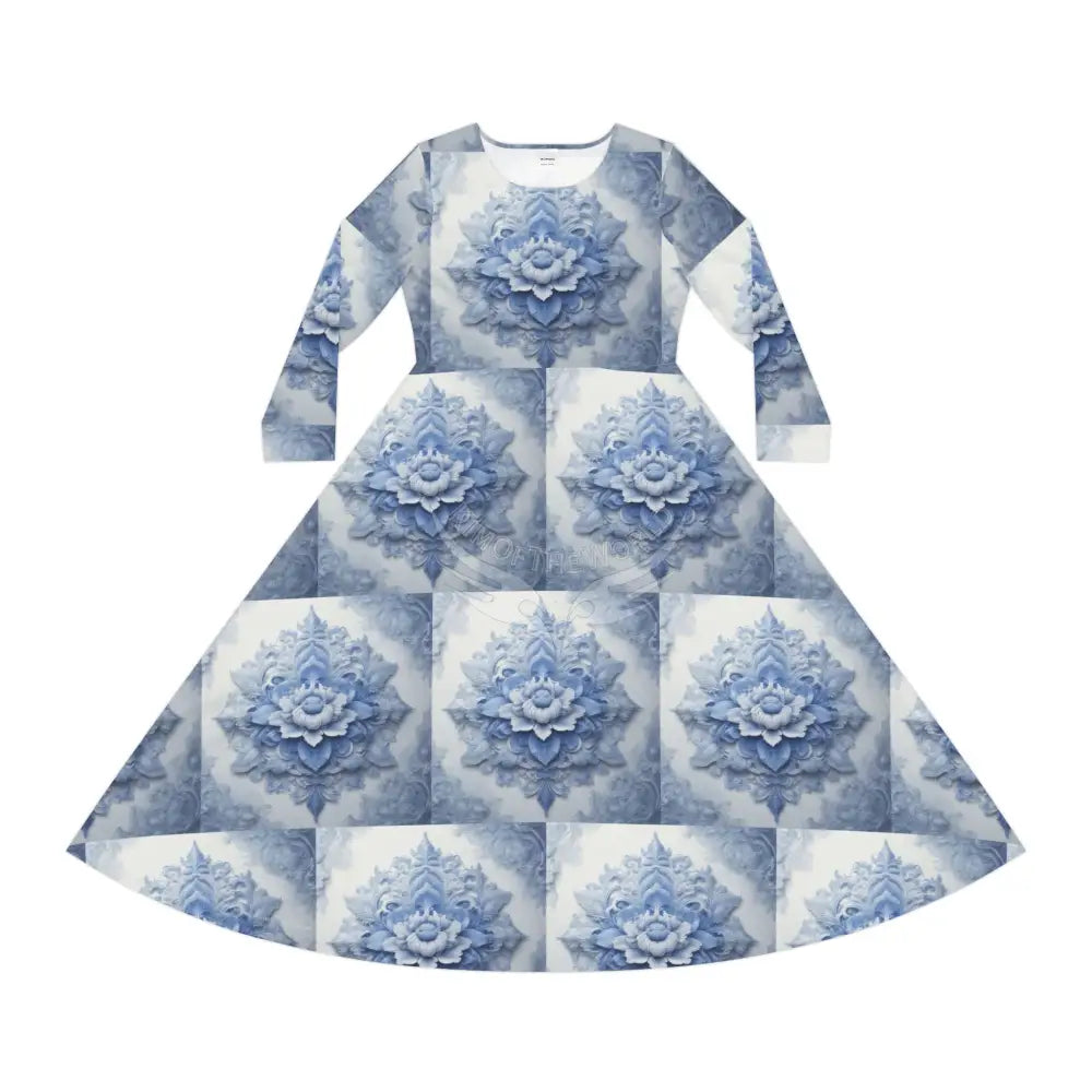 Antique Floe Blue Floral Tile Wallpaper Print Dress – Women’s Long Sleeve AOP L All Over Prints