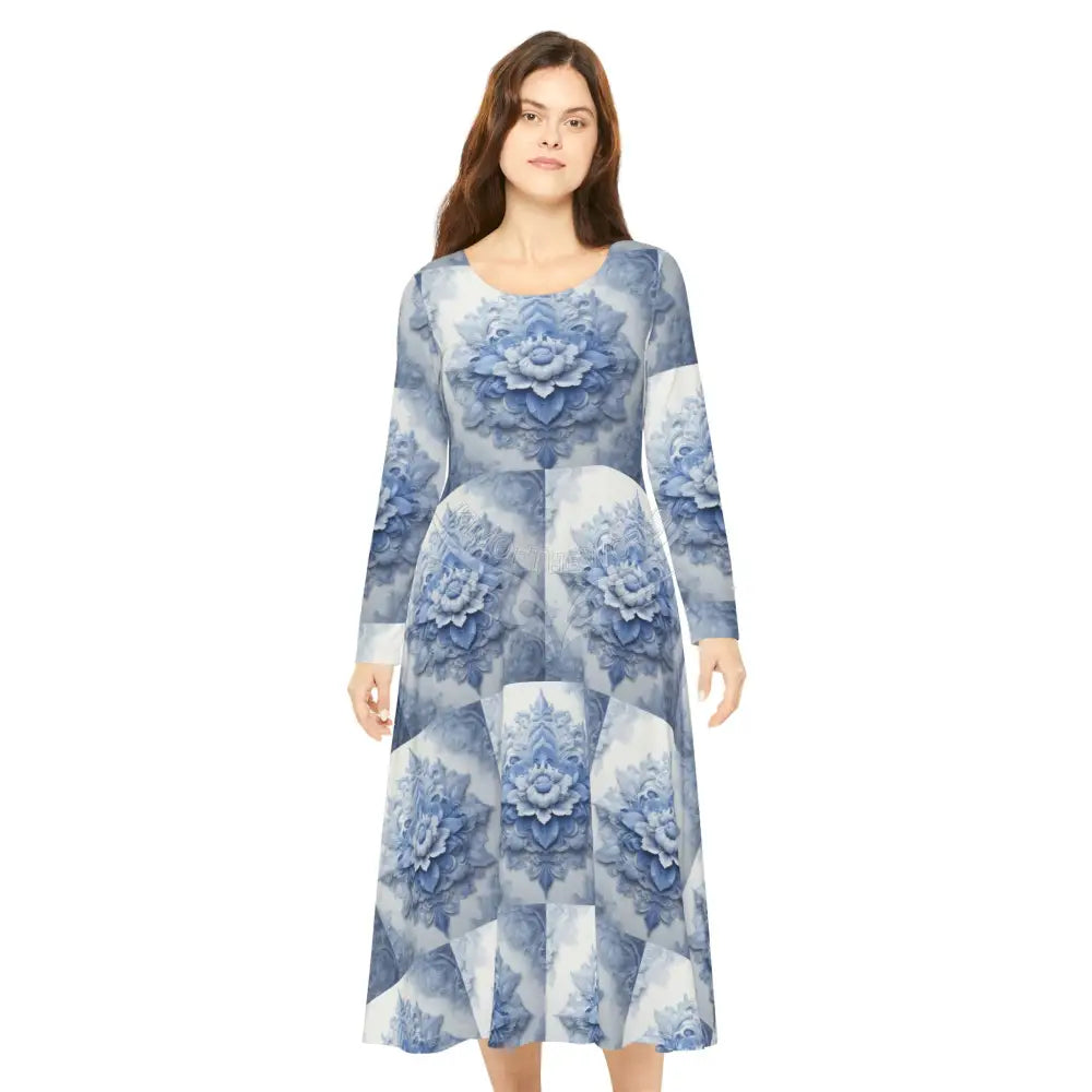 Antique Floe Blue Floral Tile Wallpaper Print Dress – Women’s Long Sleeve AOP L All Over Prints
