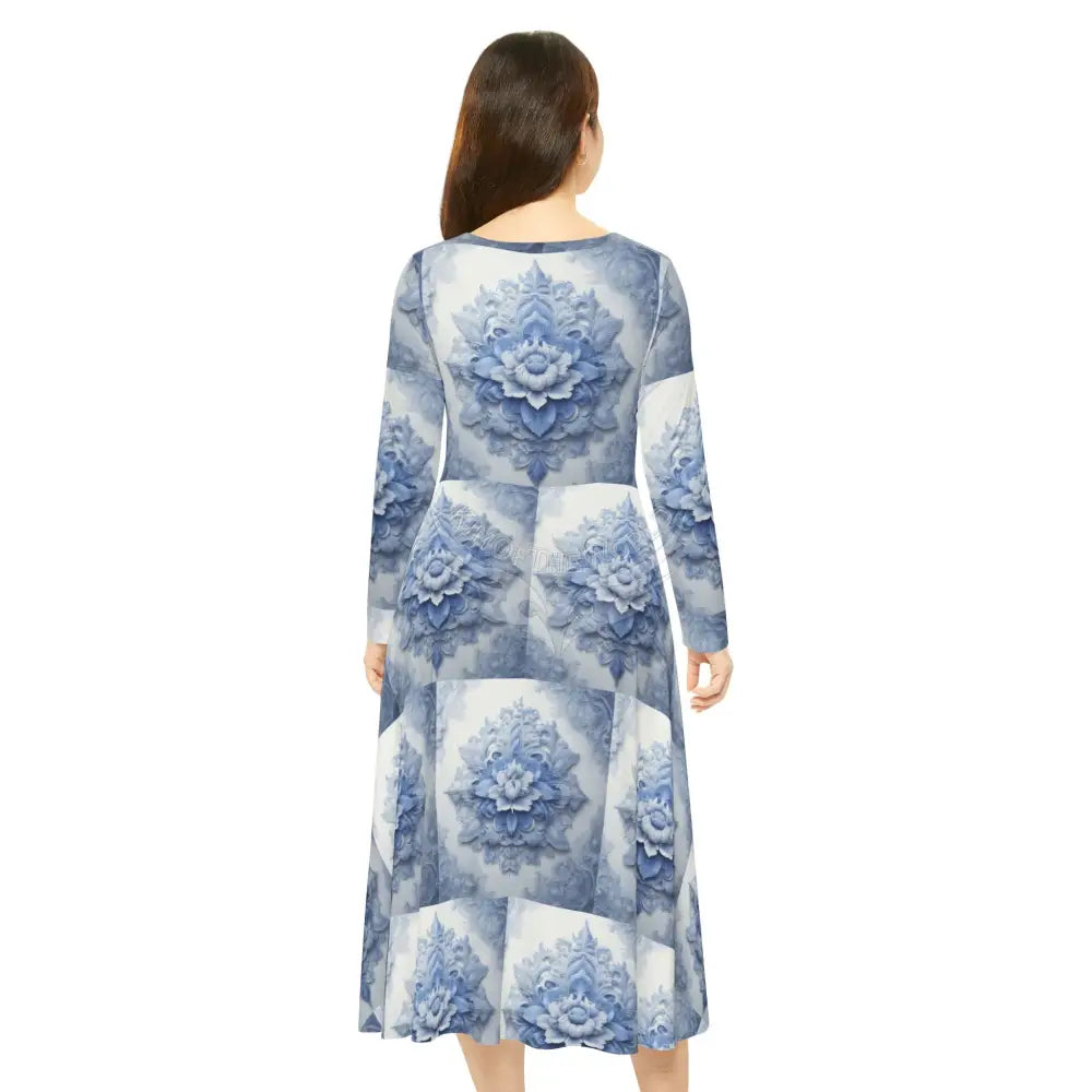 Antique Floe Blue Floral Tile Wallpaper Print Dress – Women’s Long Sleeve AOP L All Over Prints