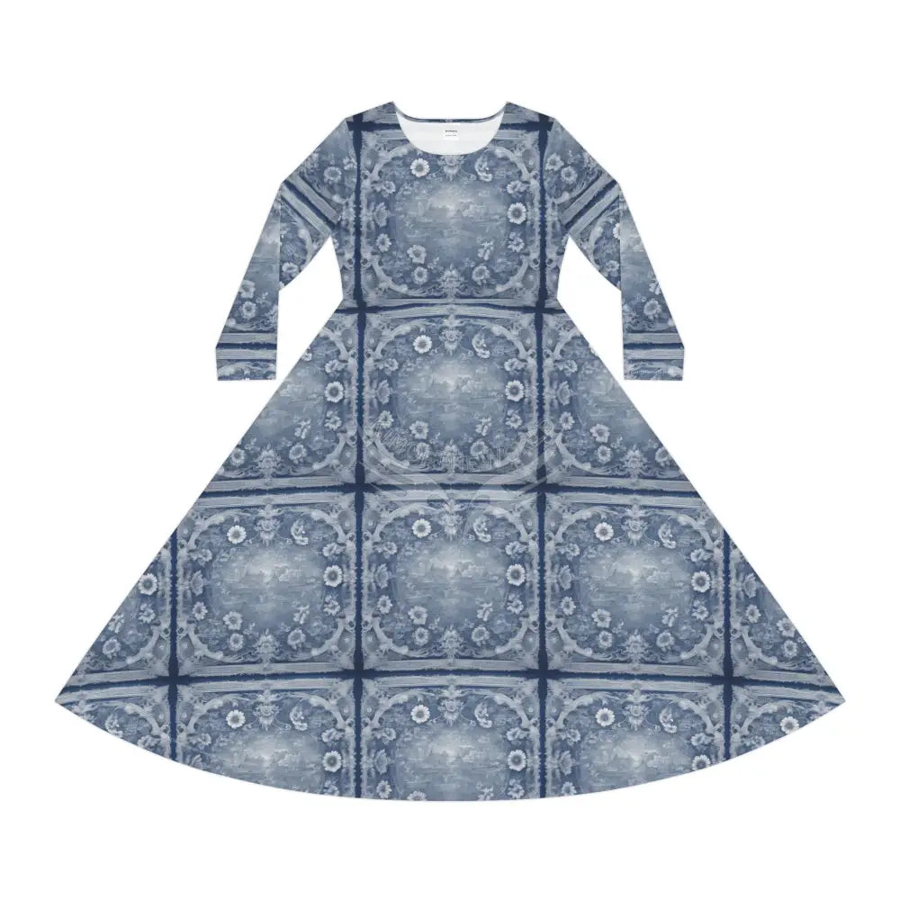 Antique Floe Blue II Wallpaper Print Dress – Women’s Long Sleeve AOP All Over Prints
