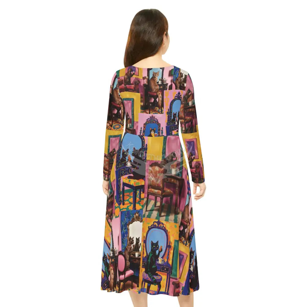 Art Nouveau Print Cat Lady Long Sleeve 2 Pc Dress ’& Top Dance Dress — Cat Ladies Who Are Still Hot L All Over Prints