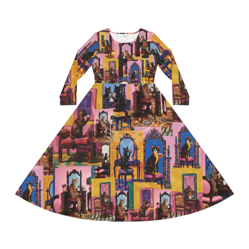 Art Nouveau Print Cat Lady Long Sleeve 2 Pc Dress ’& Top Dance Dress — Cat Ladies Who Are Still Hot L All Over Prints