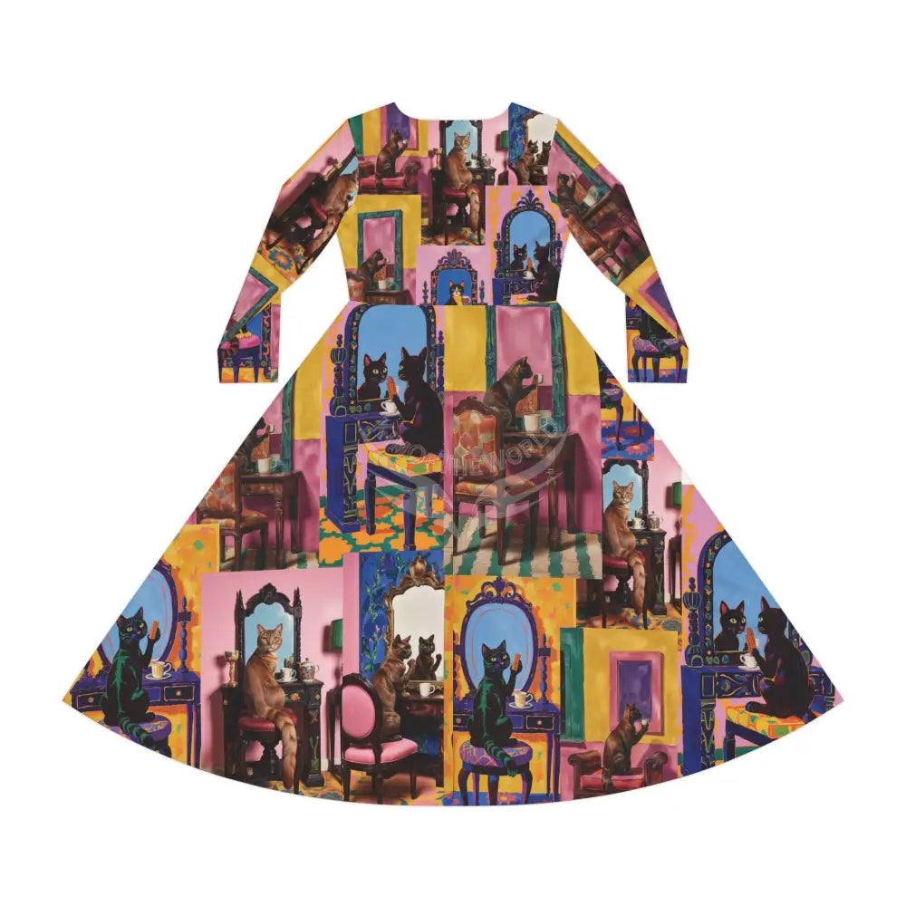 Art Nouveau Print Cat Lady Long Sleeve 2 Pc Dress ’& Top Dance Dress — Cat Ladies Who Are Still Hot L All Over Prints