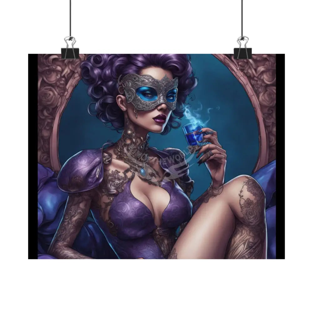 Art Nouveau Retro Pin-Up Poster — Gothic Tattoo Iridescent Vintage Ladies Smoking EyeMask Cat Lady Stiletto Fetish