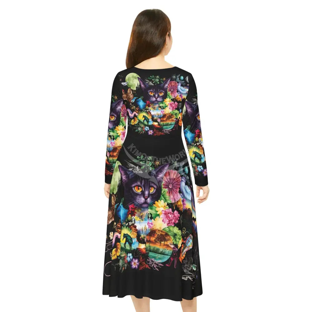 Aurora Cat Night Moon Landscape Dance Dress – Women’s Long Sleeve AOP L All Over Prints