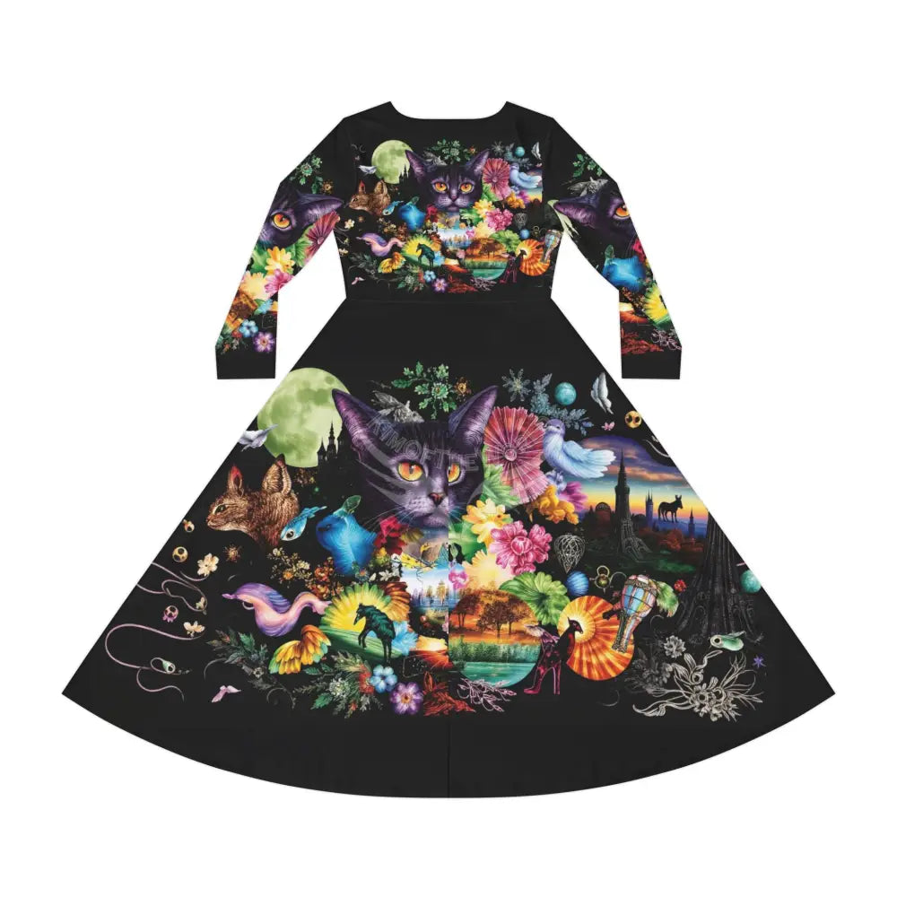 Aurora Cat Night Moon Landscape Dance Dress – Women’s Long Sleeve AOP L All Over Prints