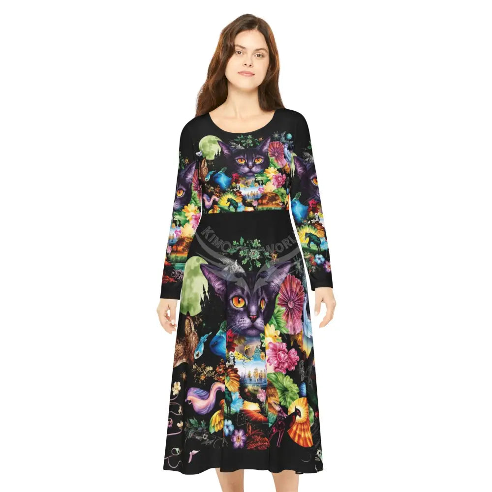 Aurora Cat Night Moon Landscape Dance Dress – Women’s Long Sleeve AOP L All Over Prints