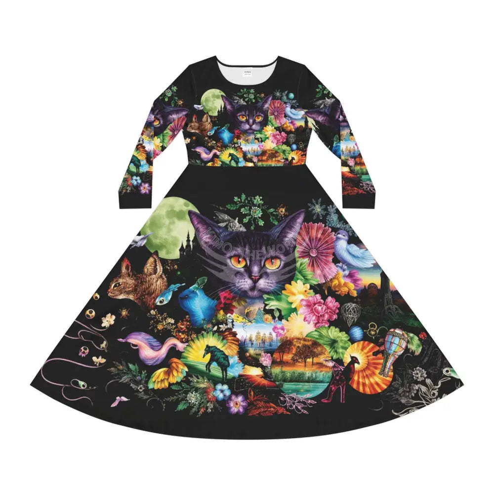 Aurora Cat Night Moon Landscape Dance Dress – Women’s Long Sleeve AOP L All Over Prints