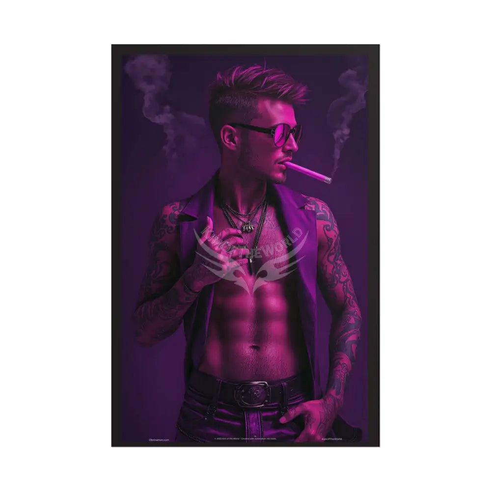 Bad Boy Vaporwave Tattooed Men - Sexy Smoking Handsome Man Rolled Poster 20″ x 30″ (Vertical) / Matte Poster