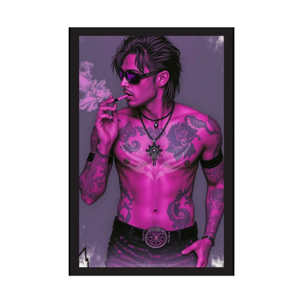 Bad Boy Vaporwave Tattooed Men - Sexy Smoking Handsome Man Rolled Poster 20″ x 30″ (Vertical) / Semi Glossy Poster