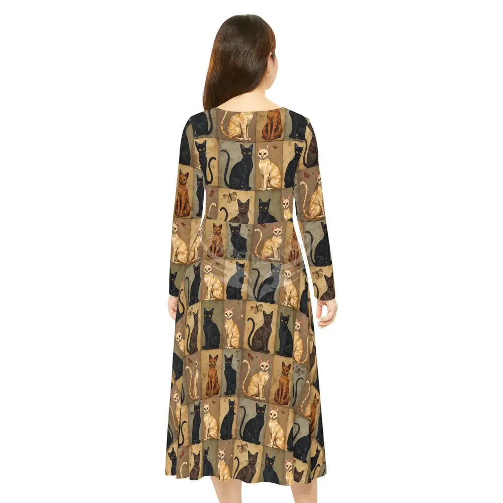 Beige and Black Cat Wallpaper Print Dress – Women’s Long Sleeve AOP All Over Prints