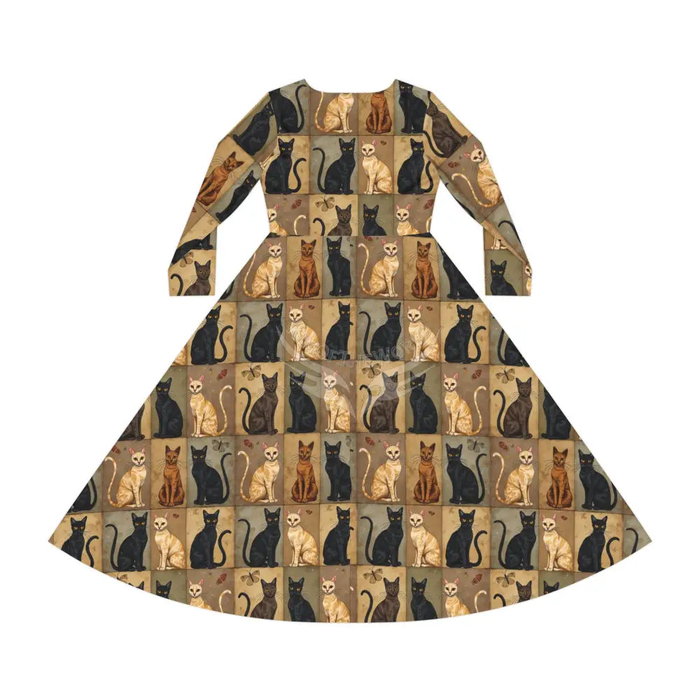 Beige and Black Cat Wallpaper Print Dress – Women’s Long Sleeve AOP All Over Prints