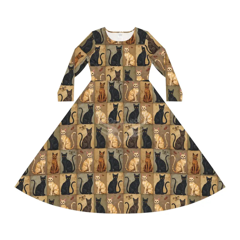Beige and Black Cat Wallpaper Print Dress – Women’s Long Sleeve AOP All Over Prints