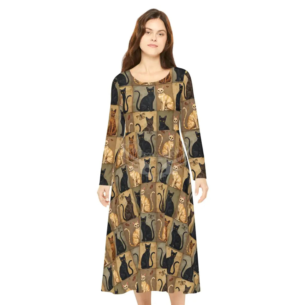 Beige and Black Cat Wallpaper Print Dress – Women’s Long Sleeve AOP L All Over Prints