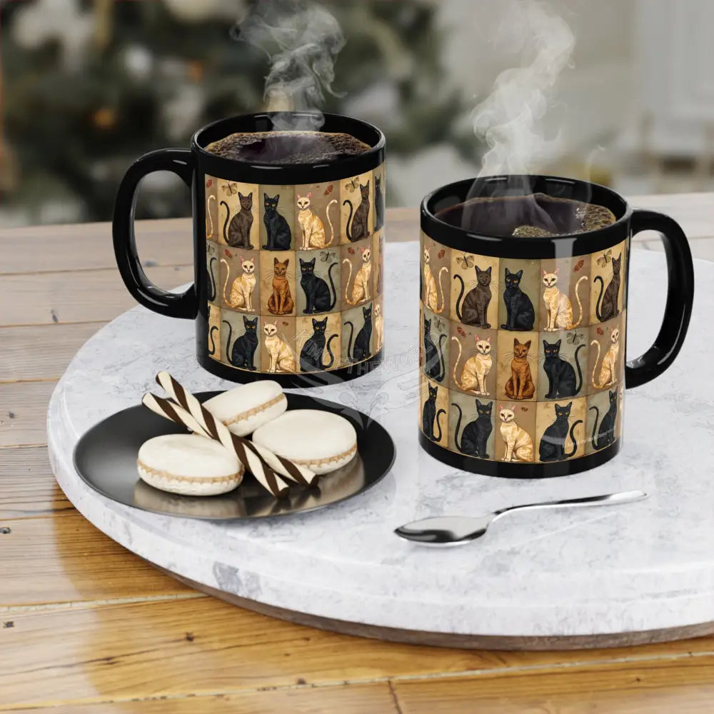 Beige and Black Kitty Cat Set Mugs Coffee Cup Banner Nebula Coffee Mug — 11oz Black Ceramic Space Text Design 11oz