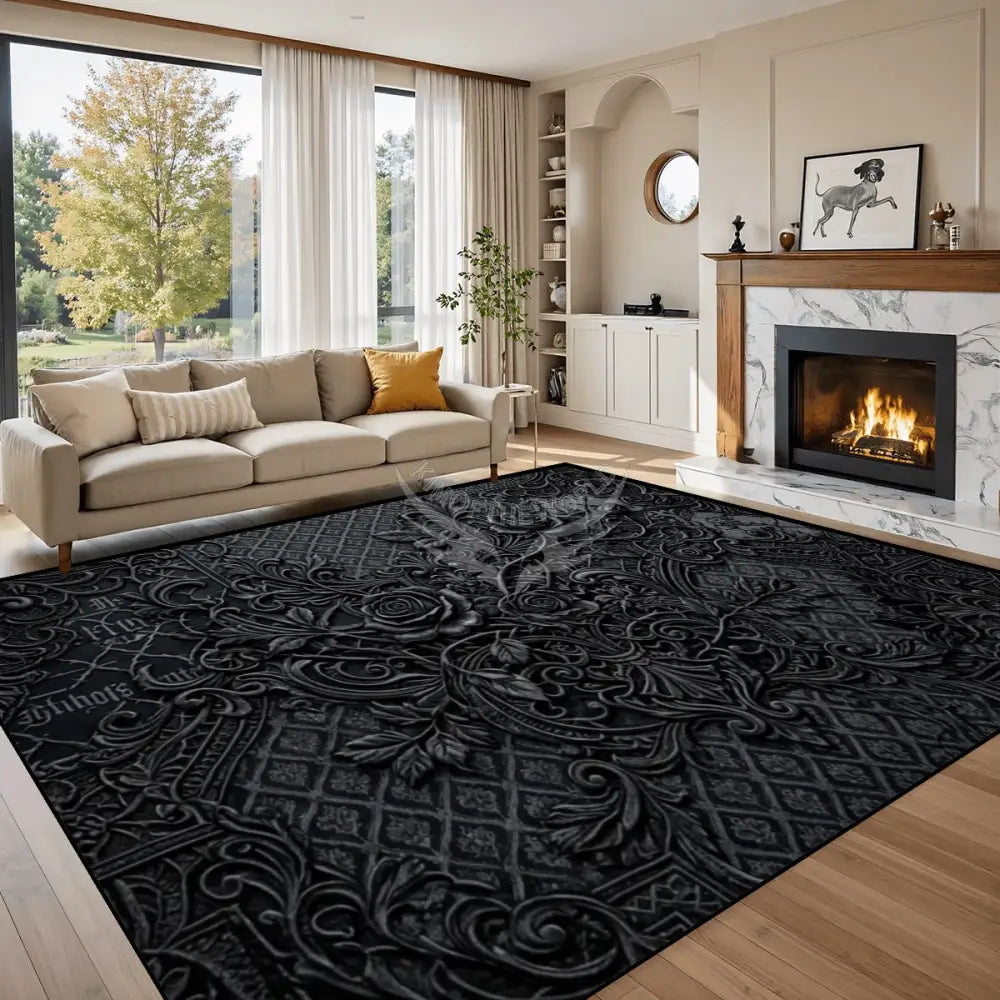 Black 3D Floral Large Area Rug Floor Carpet 10 ft x 8 ft 120’’x96’’ Rugs & Mats