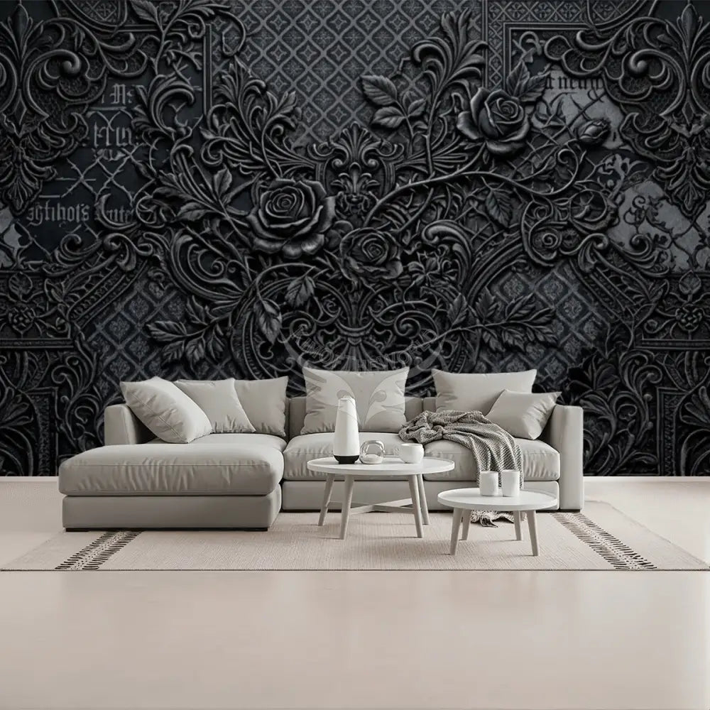 Black 3D Floral Unpasted Mural Wallpaper 144’’x100’’ 144’’x100’’ Wall Coverings