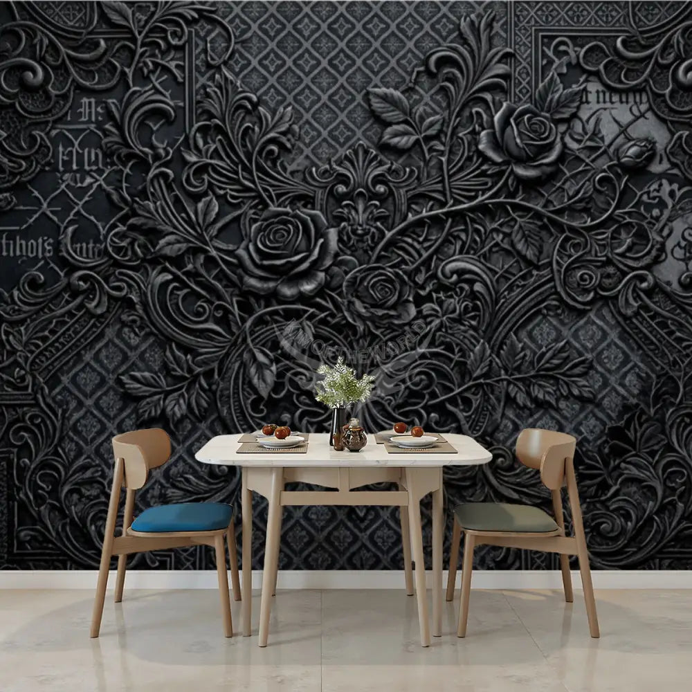 Black 3D Floral Unpasted Mural Wallpaper 144’’x100’’ 144’’x100’’ Wall Coverings