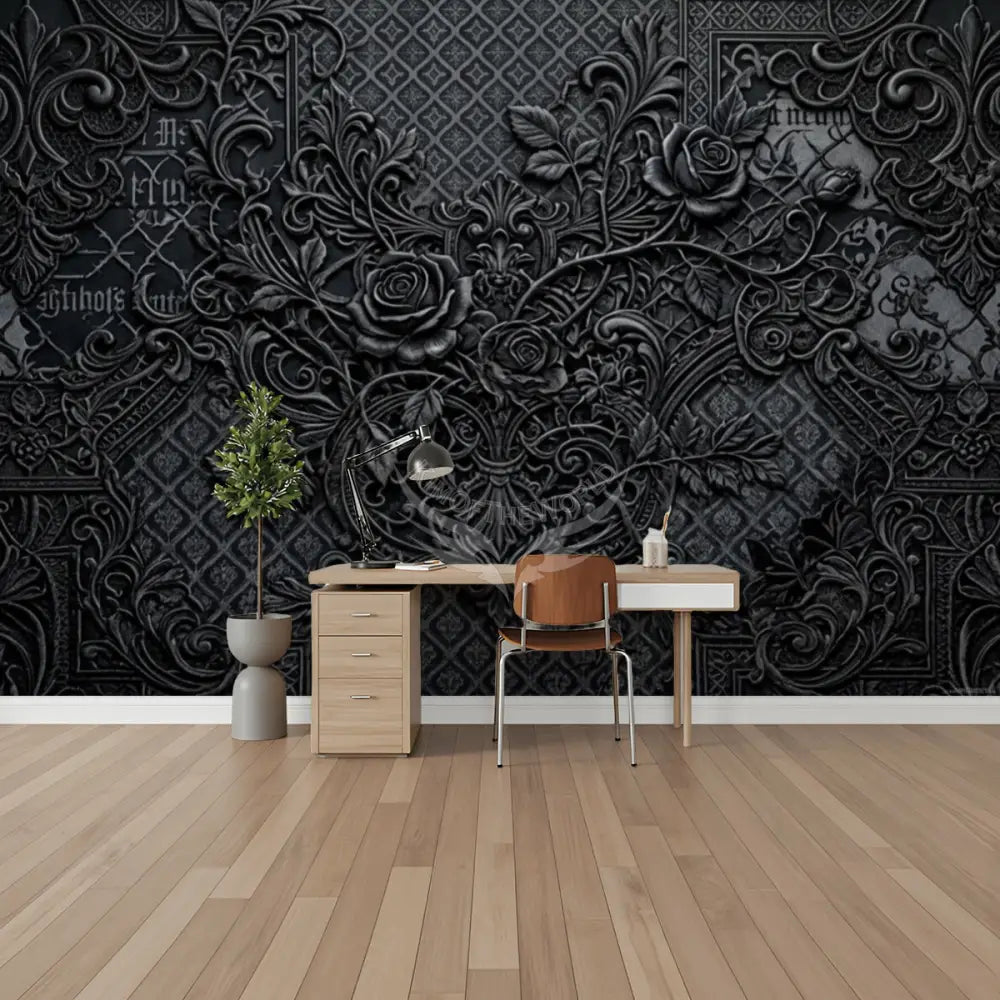 Black 3D Floral Unpasted Mural Wallpaper 144’’x100’’ 144’’x100’’ Wall Coverings