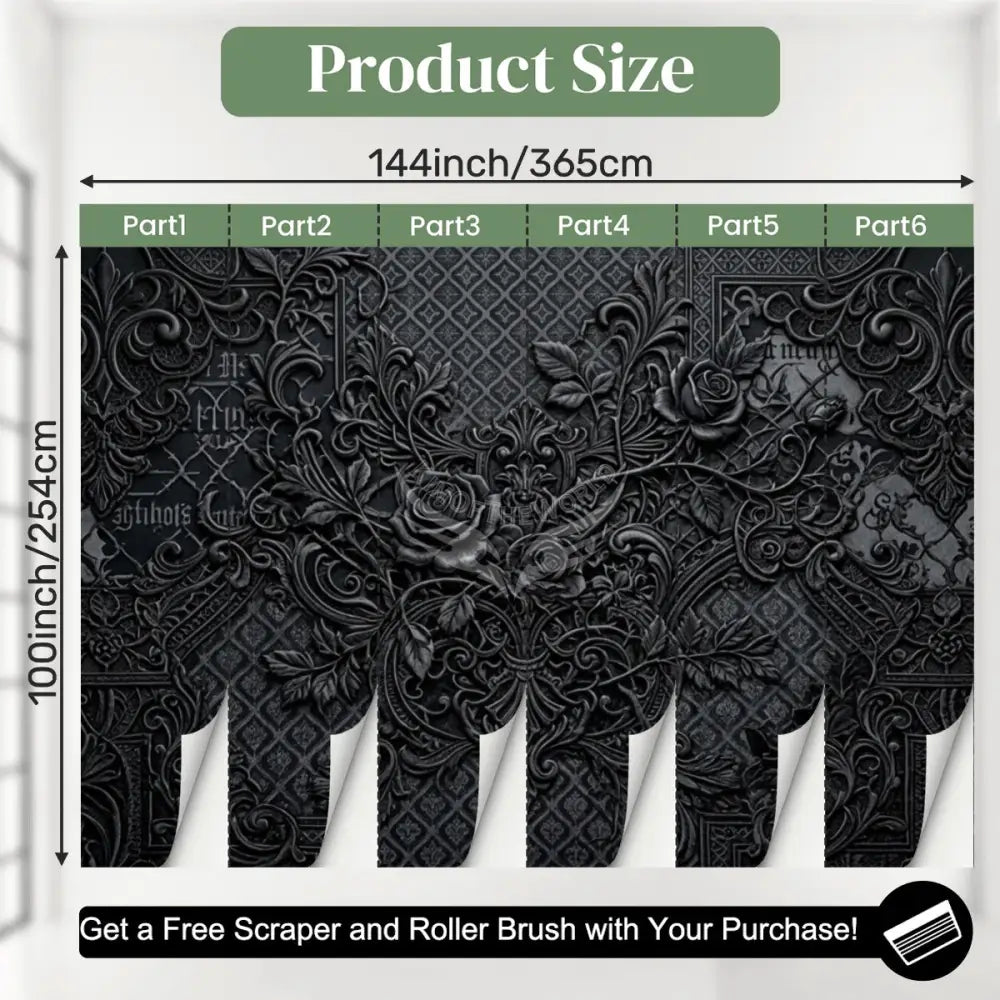 Black 3D Floral Unpasted Mural Wallpaper 144’’x100’’ 144’’x100’’ Wall Coverings