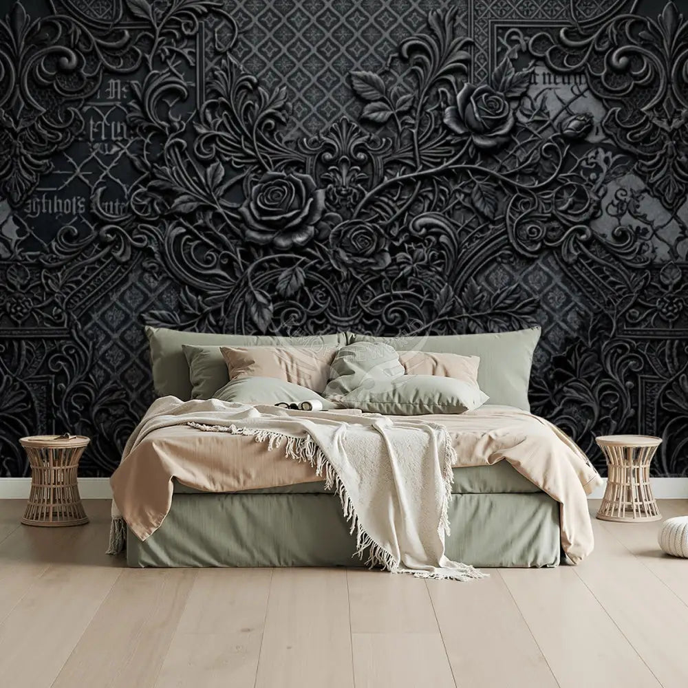 Black 3D Floral Unpasted Mural Wallpaper 144’’x100’’ 144’’x100’’ Wall Coverings