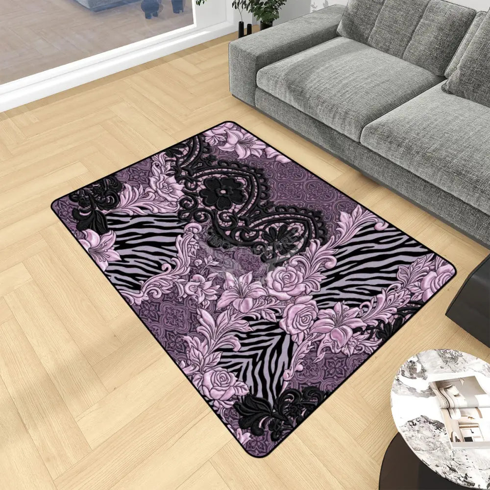Black and Pink Floral 3D Area Rug Floor Carpet 8x5.3 - 96’’x64’’ - Rugs & Mats