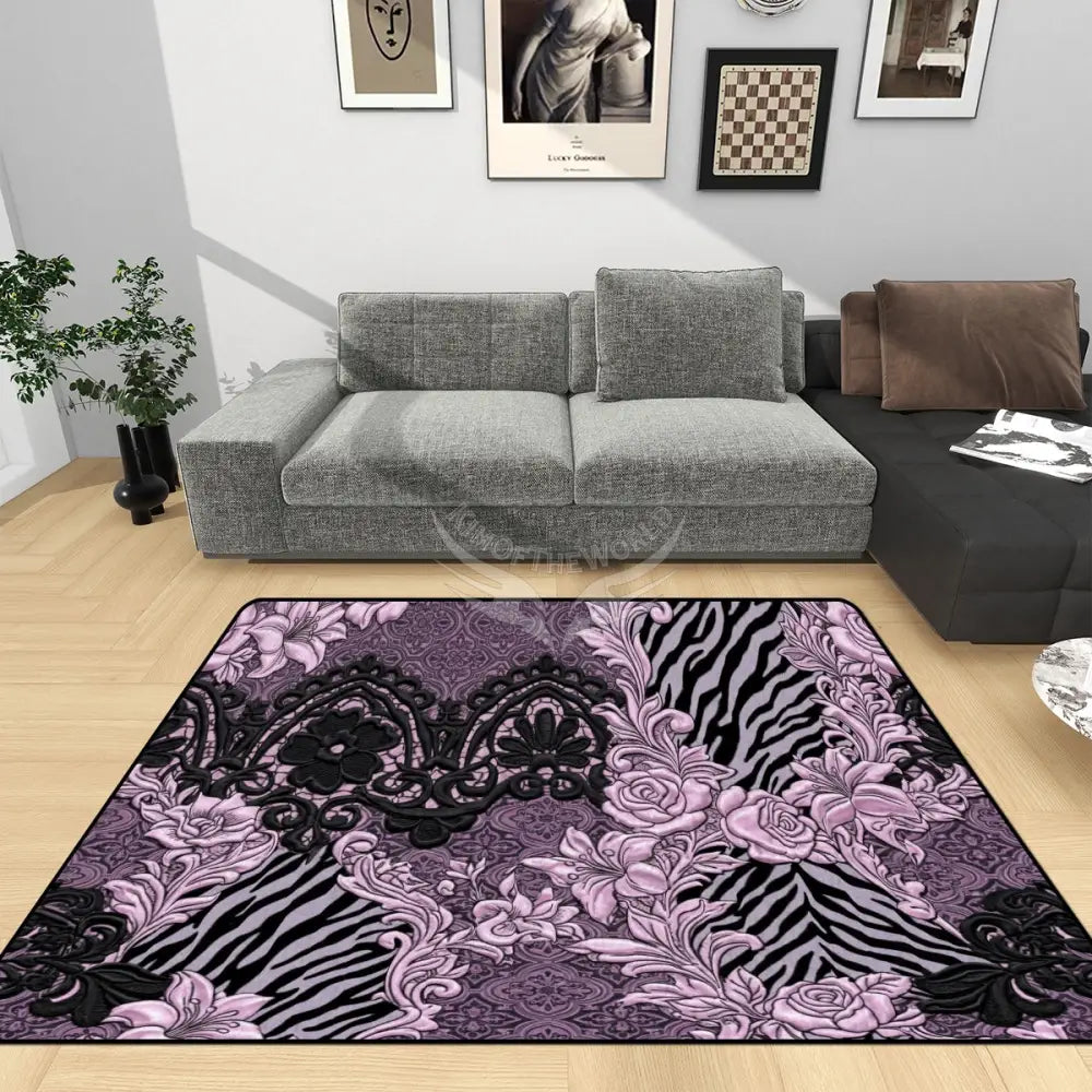 Black and Pink Floral 3D Area Rug Floor Carpet 8x5.3 - 96’’x64’’ - Rugs & Mats