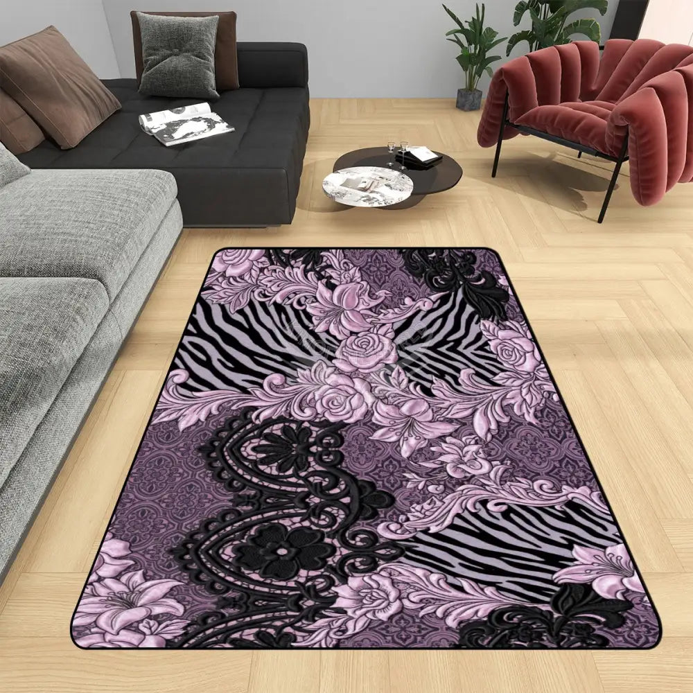 Black and Pink Floral 3D Area Rug Floor Carpet 8x5.3 - 96’’x64’’ - Rugs & Mats