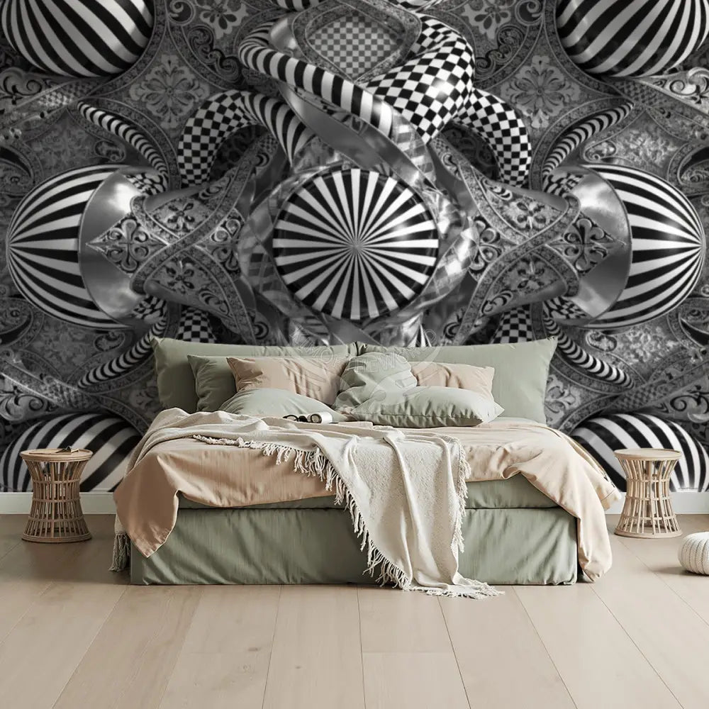 Black and White Stripe 3D Bubbles Unpasted Mural Wallpaper 144’’x100’’ 144’’x100’’ Wall Coverings