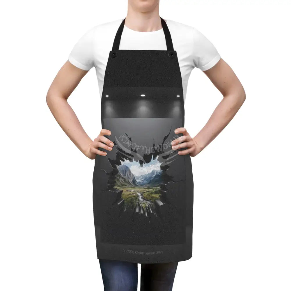 Black Apron with Mountain Breakthrough Graphic — Outdoor Adventure Kitchen Apron One Size Accessories