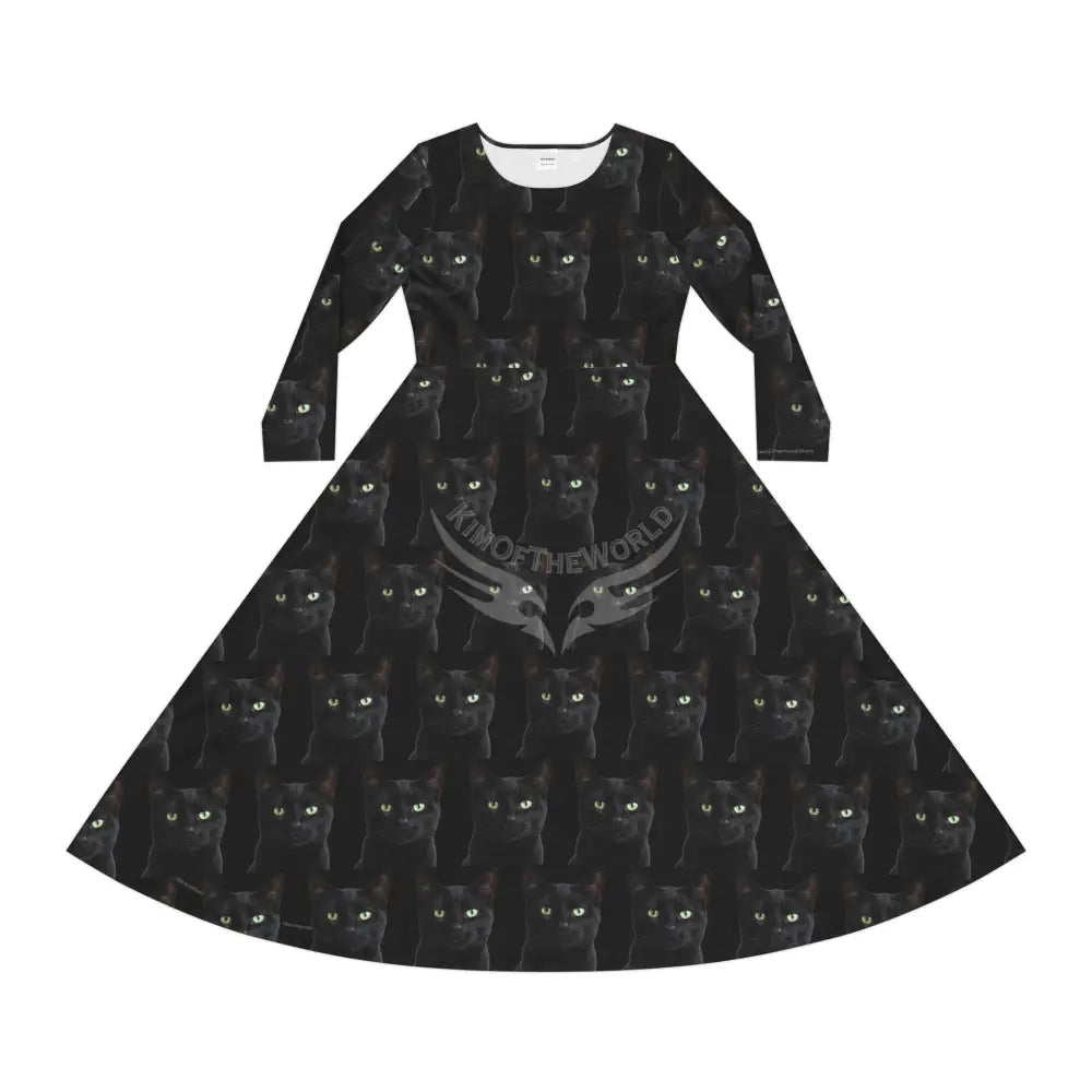 Black Cat Kitty Meow Wallpaper Print Dress – Women’s Long Sleeve AOP All Over Prints