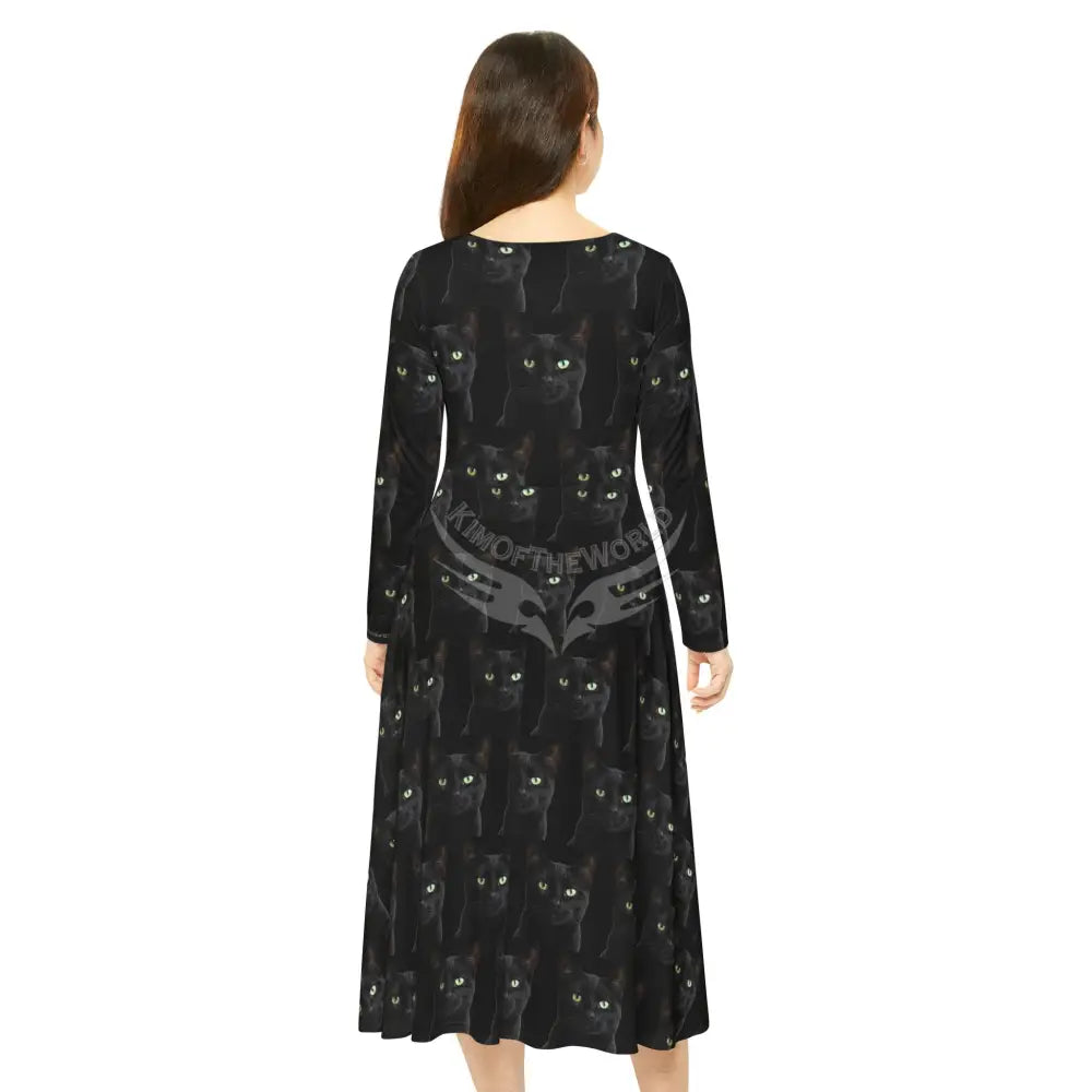Black Cat Kitty Meow Wallpaper Print Dress – Women’s Long Sleeve AOP All Over Prints