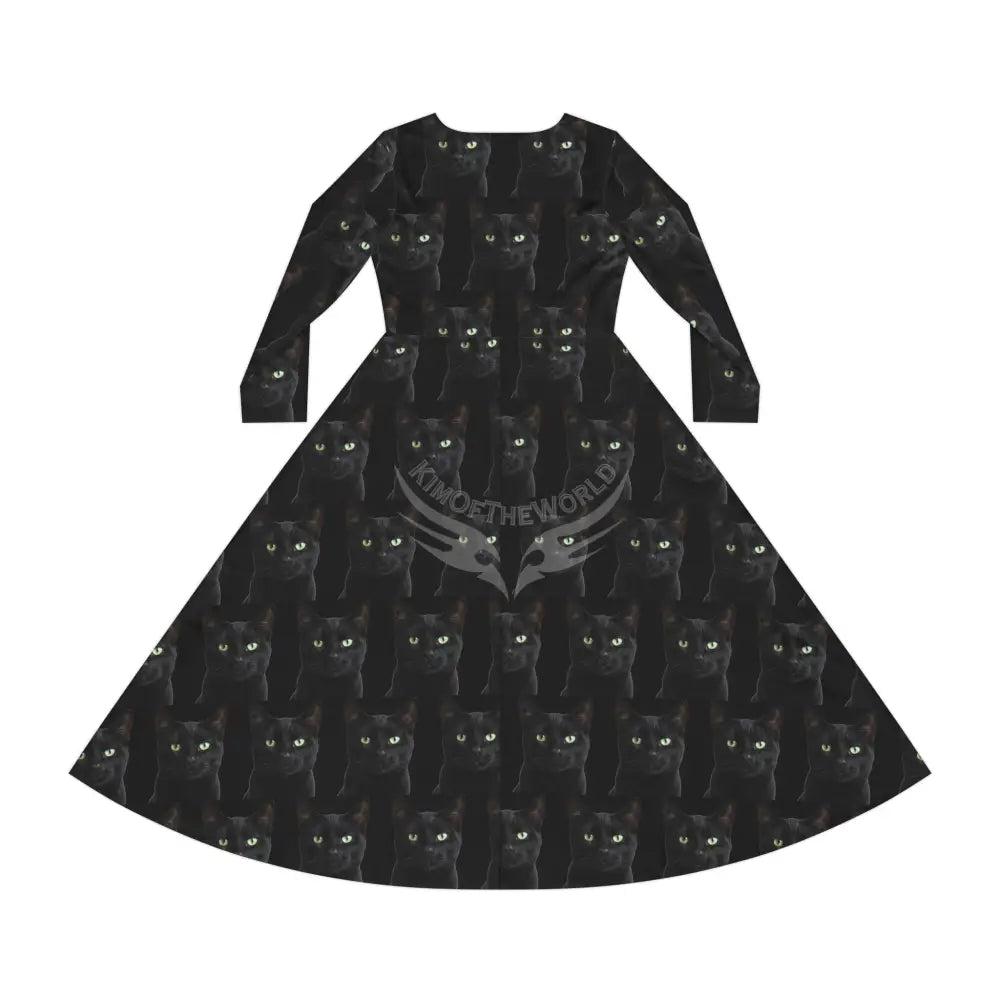 Black Cat Kitty Meow Wallpaper Print Dress – Women’s Long Sleeve AOP All Over Prints