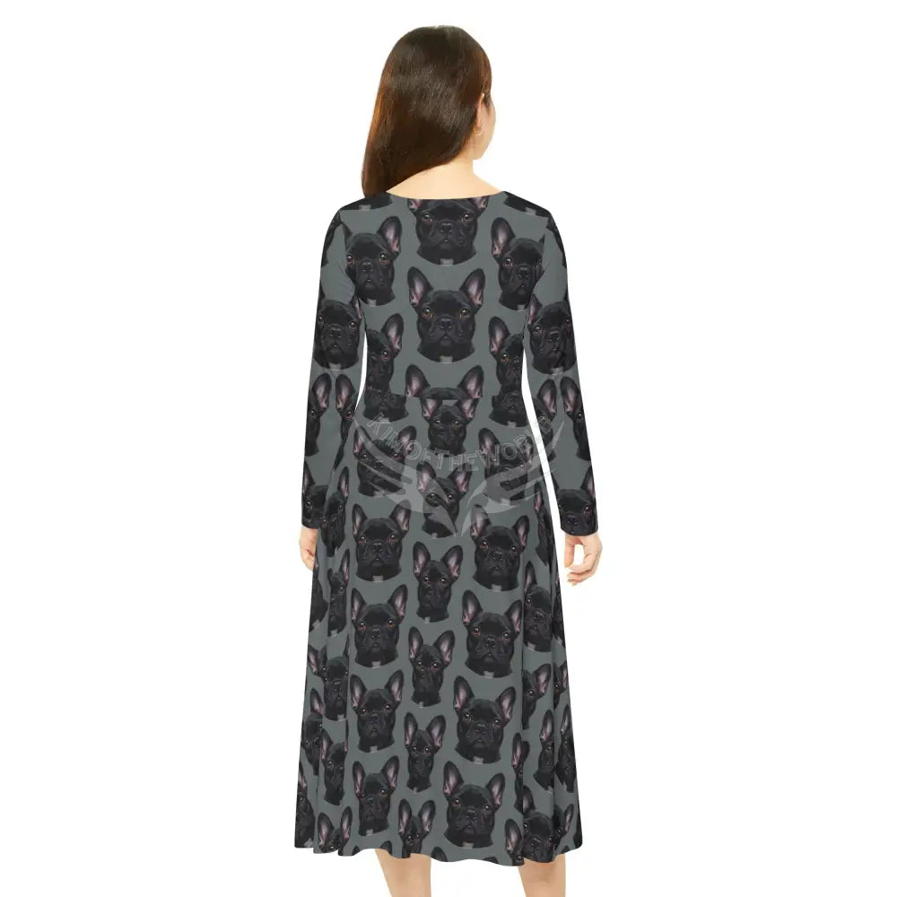 Black Frenchie French Bulldog Grey Wallpaper Print Dress – Women’s Long Sleeve AOP All Over Prints
