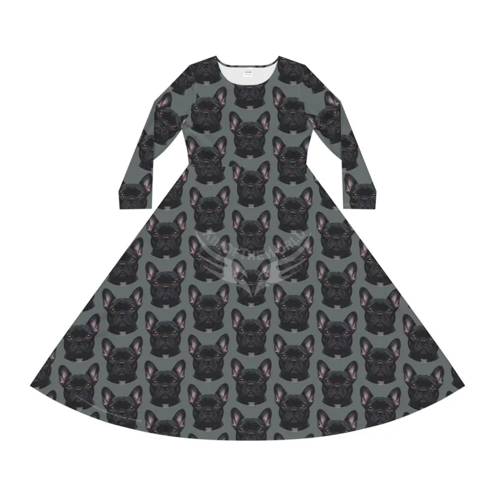 Black Frenchie French Bulldog Grey Wallpaper Print Dress – Women’s Long Sleeve AOP All Over Prints