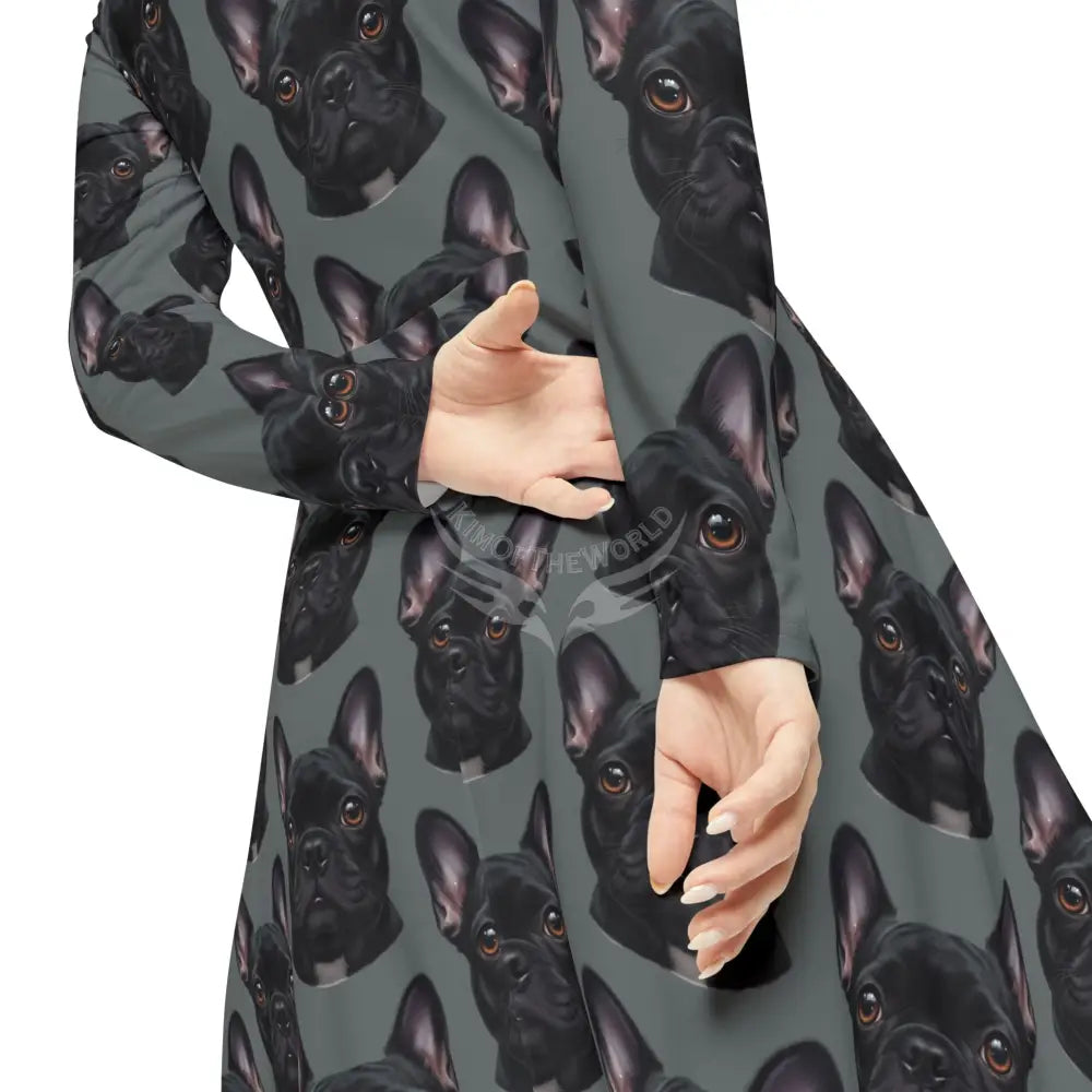 Black Frenchie French Bulldog Grey Wallpaper Print Dress – Women’s Long Sleeve AOP All Over Prints