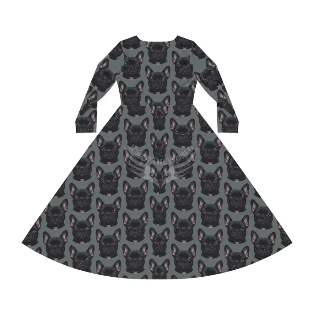 Black Frenchie French Bulldog Grey Wallpaper Print Dress – Women’s Long Sleeve AOP All Over Prints