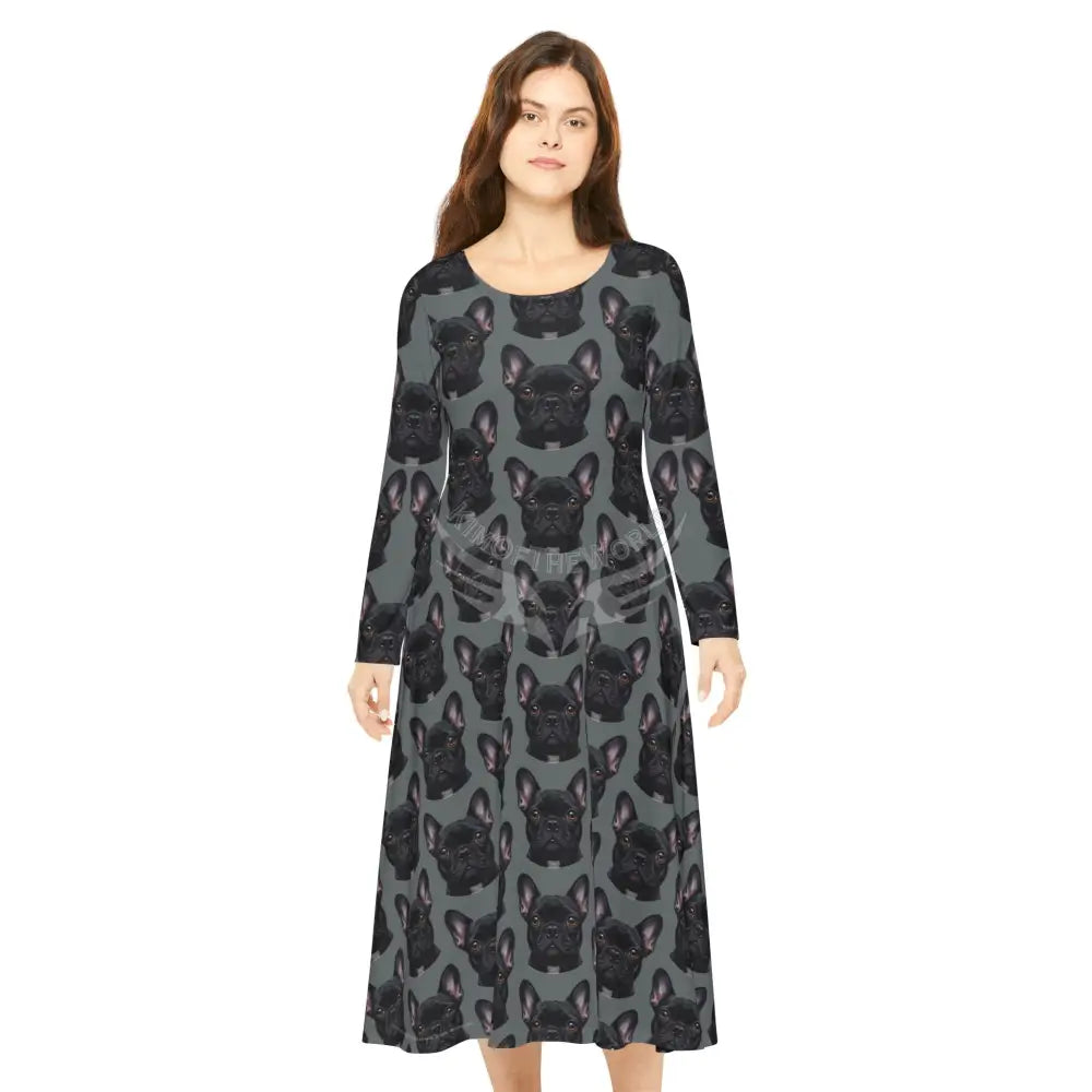 Black Frenchie French Bulldog Grey Wallpaper Print Dress – Women’s Long Sleeve AOP S All Over Prints