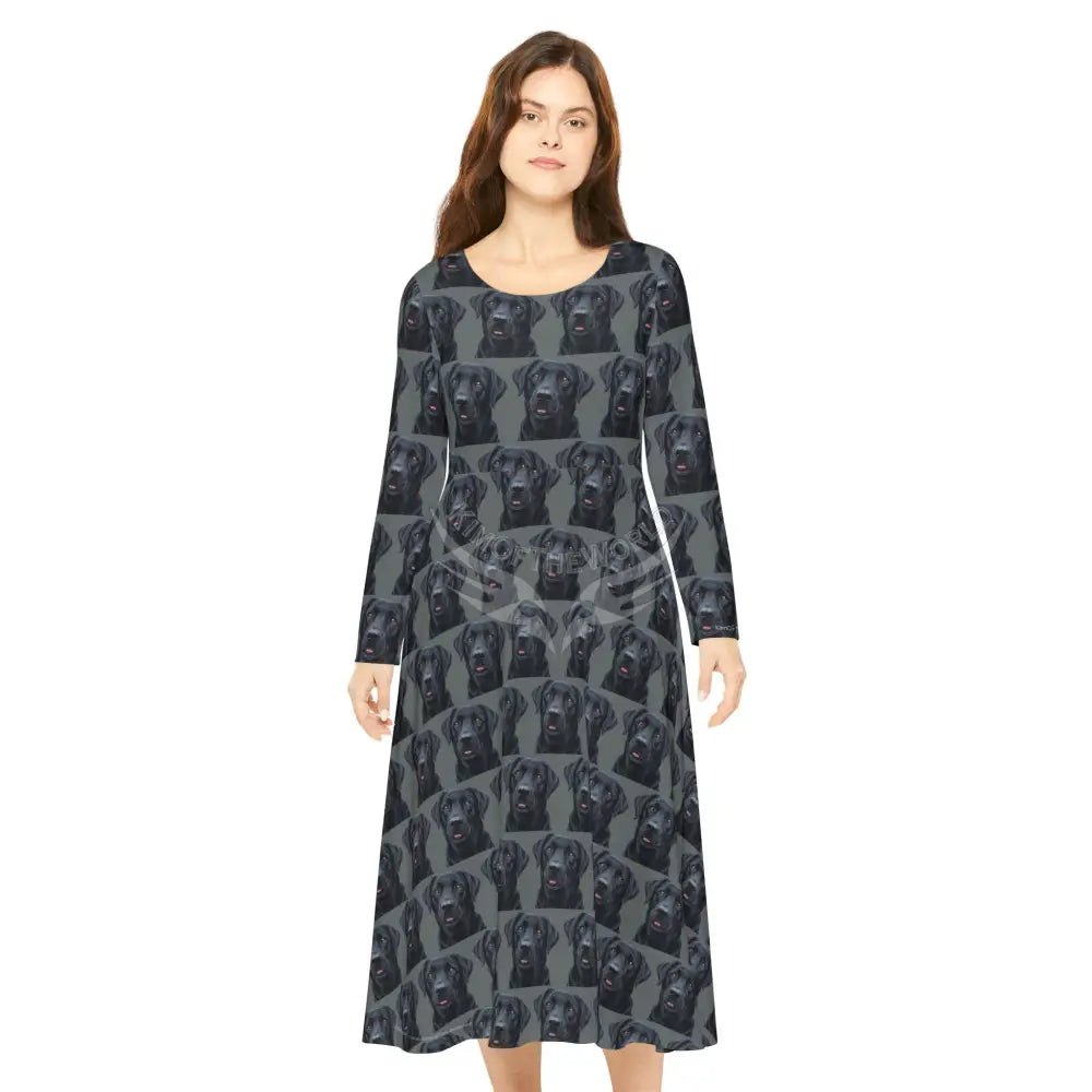 Black Labrador Retriever Lab Dog Wallpaper Print Dress – Women’s Long Sleeve AOP L All Over Prints